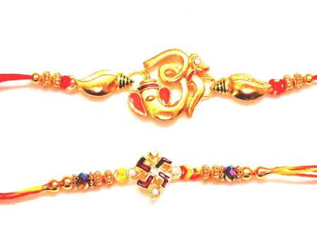 Combo rakhi pack of Ganesha in gold and Swastik with Red and White crystals Cheap