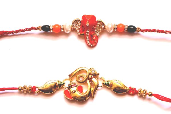 Combo rakhi pack of orange Ganesha and golden Om Sale