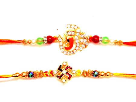 Combo rakhi pack of Studded Ganesha and Studded Swastik in red and white Sale