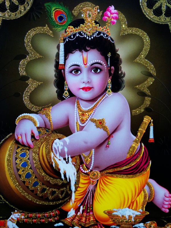 Poster of Baby Krishna in Golden Yellow with Gold detailing Sale