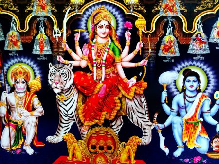 Poster Of Durga Mata In Red Along With Hanuman And Shiva Online Hot Sale