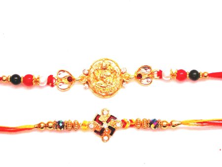 Combo rakhi pack of Laxmi in Gold and Swastik in red and white For Discount