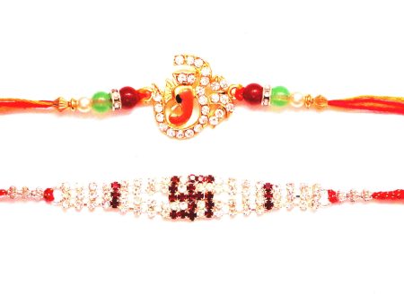 Combo rakhi pack of Studded Ganesha and Swastik in red and white Online now