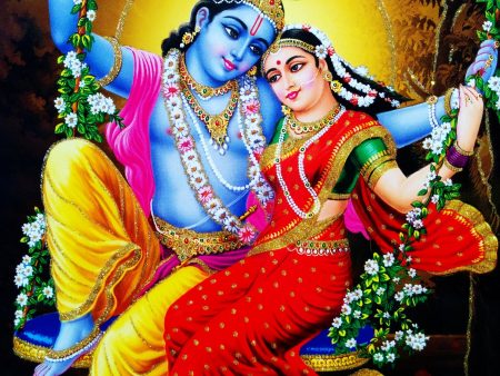 Poster Of Radha Krishna In Blue And Red Along With Radha With Gold Detailing For Sale