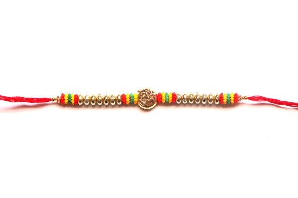 Om Rakhi in gold with colorful beads For Discount