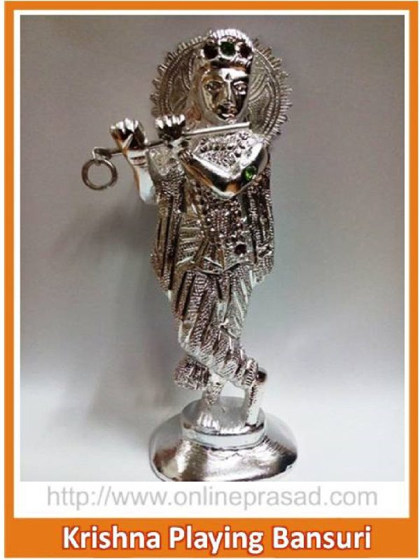 Shining White Metal Krishna idol playing Bansuri Online