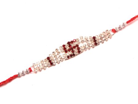 Swastik  Rakhi in Red with White Crystals For Discount