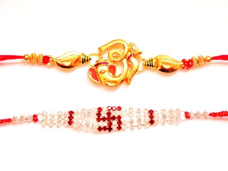 Combo rakhi pack of Ganesha in gold and Swastik with white crystals Online Hot Sale