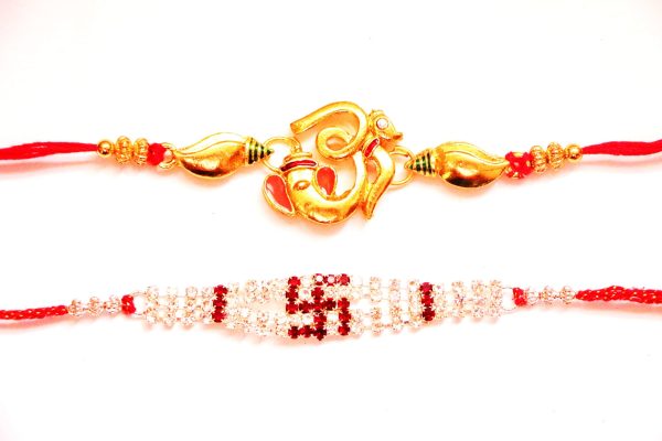 Combo rakhi pack of Ganesha in gold and Swastik with white crystals Online Hot Sale