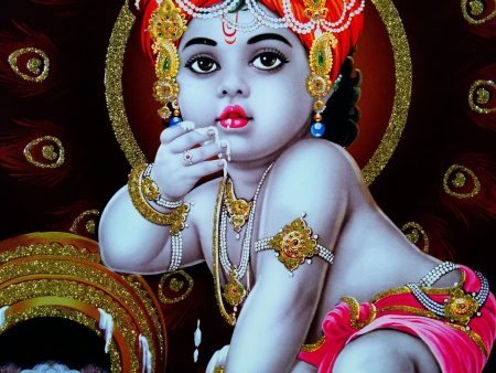 Poster Of Baby Krishna In Pink With Gold Detailing For Sale