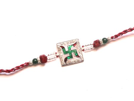 Green Swastik Rakhi with white stones For Cheap