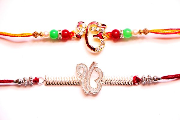 Combo rakhi pack of Ek Onkars in red and white crystal For Cheap