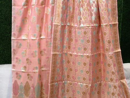 Baby Pink Tilfi Weave 3-Piece Pure Cotton Handloom Banarasi Suit Set Sale