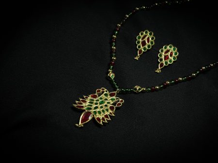 Silver Assamese Traditional Jewellery - Sen Dugdugi Pendent and Earring with Red and Green stones Supply