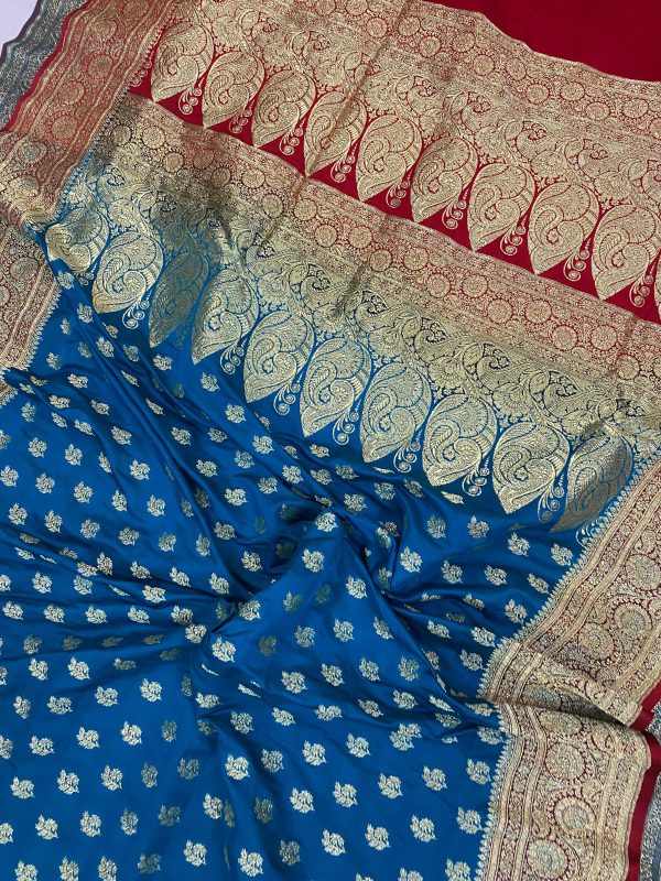 Blue Handloom Pure Satin Silk Banarasi Saree For Sale