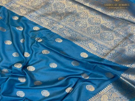 Timeless Classic Blue Handloom Crepe Banarasi Silk Sari For Discount