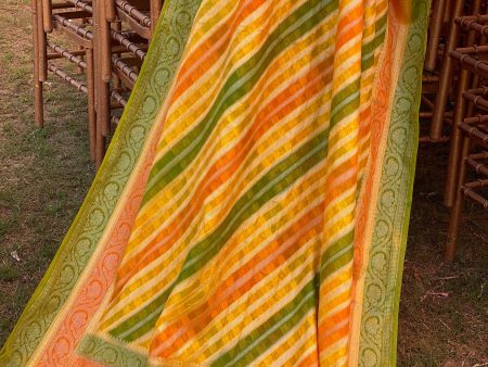 Yellow Orange & Green  Pure Banarasi Khaddi Georgette Handloom Leheriya Saree Discount