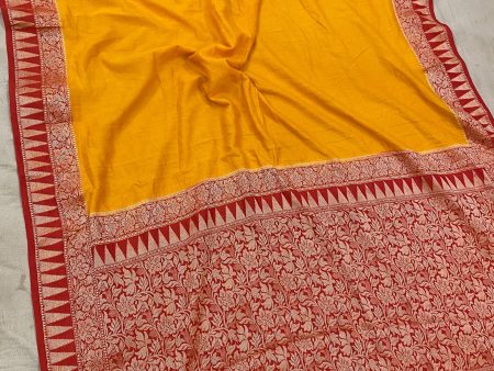 Yellow & Red Pure Banarasi Khaddi Moonga Silk Handloom  Saree Discount