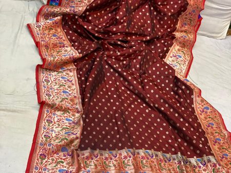 Wine Pure Banarasi Katan Silk Handloom Saree- Kadhwa Paithani Fashion