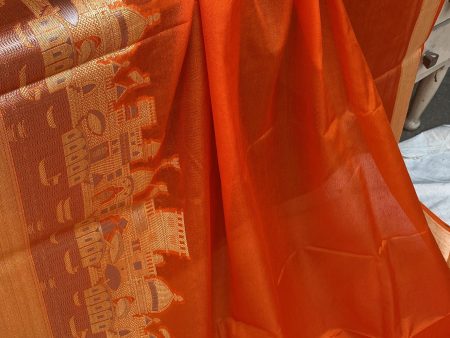 Benares Ghats Orange Pure Cotton Silk Banarasi Sari Cheap