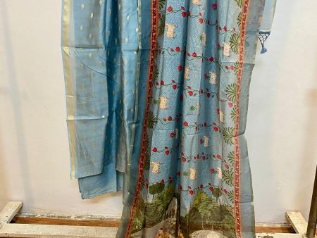 Blue Banarasi Pure cotton handloom 3 pcs suit set Online now