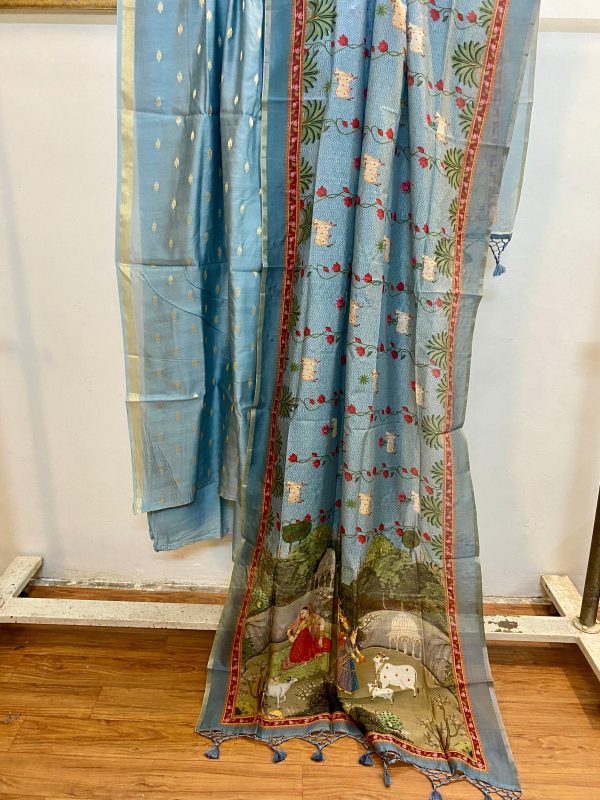 Blue Banarasi Pure cotton handloom 3 pcs suit set Online now