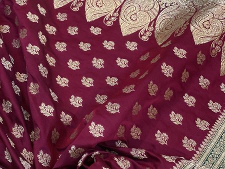 Wine Handloom Pure Satin Silk Banarasi Saree For Cheap