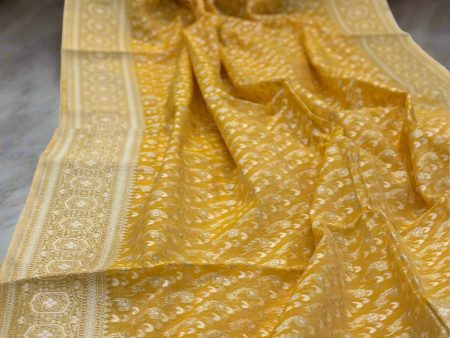 Yellow Pure Cotton Banarasi Saree with Gold & Silver Zari Weaving Discount