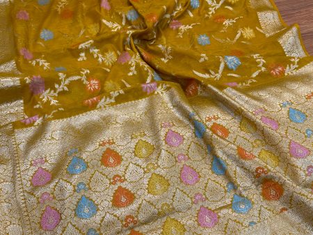 Yellow Pure Chiffon Georgette Banarasi Saree with Tilfi Jaal Work Sale