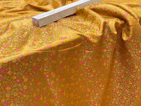 Yellow Handloom Pure Katan Silk Brocade Banarasi Fabric Discount