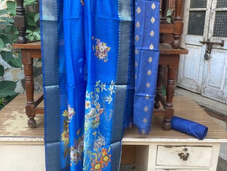 Blue Handloom Pure Cotton Banarasi 3 pcs ladies suit Discount