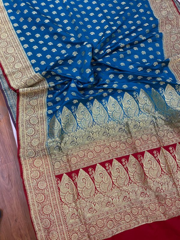 Blue Handloom Pure Satin Silk Banarasi Saree For Sale