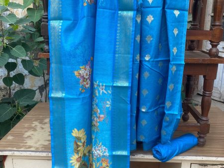 Blue Handloom Pure Cotton Banarasi 3 pcs ladies suit on Sale