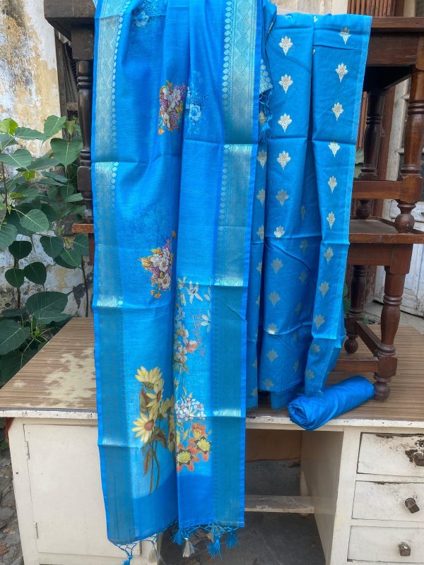 Blue Handloom Pure Cotton Banarasi 3 pcs ladies suit on Sale