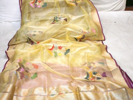 Yellow Tilfi Buta Kadhwa Pure Kora Silk Handloom Banarasi Saree For Discount