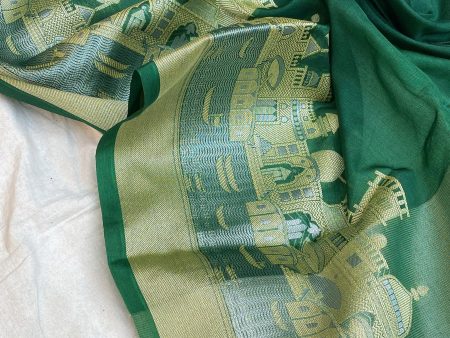 Benares Ghats Green Pure Cotton Silk Banarasi Sari For Cheap