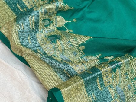 Benares Ghats Sea Green Pure Cotton Silk Banarasi Sari For Discount