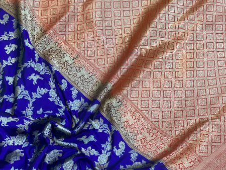 Blue Handloom Pure Banarasi Shikargah Silk Sari on Sale