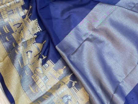 Benares Ghats Blue Pure Cotton Silk Banarasi Sari on Sale