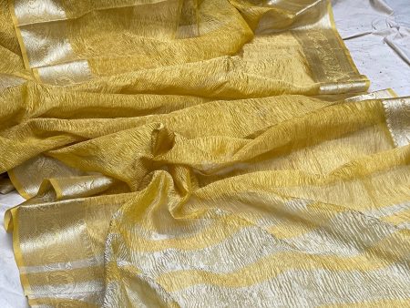 Yellow Pure Crushed Tissue Handloom Banarasi Saree For Discount