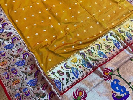 Yellow Pure Banarasi Katan Silk Handloom Saree- Kadhwa Paithani For Discount